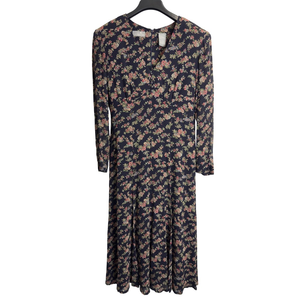 Liz Claiborne Vintage Size 8 Navy Floral Long Sleeve Midi Dress V-Neck Tie Back